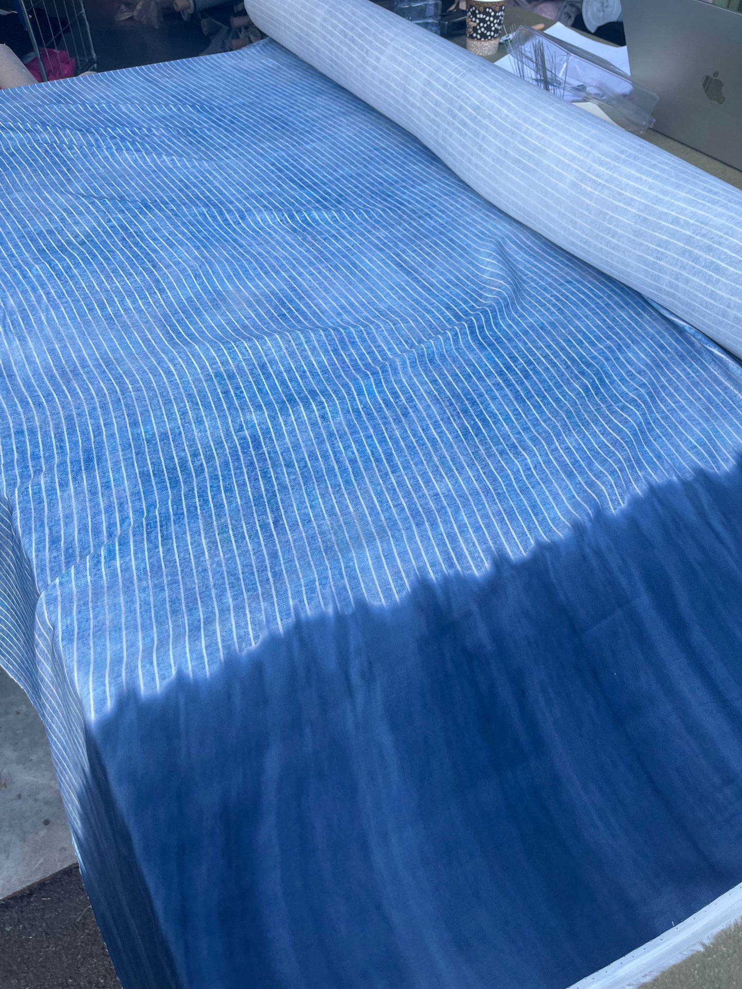 RW 046 viscose satin tie dye stripes and border indigo