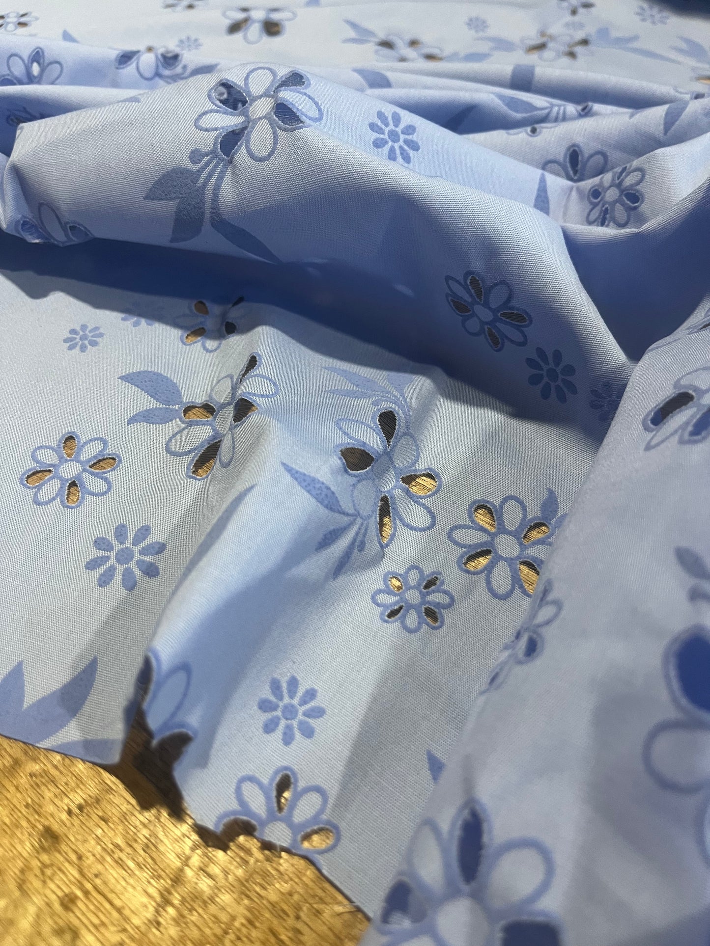 Sangallo cotton stretch lasercut+puff print design 1 blue