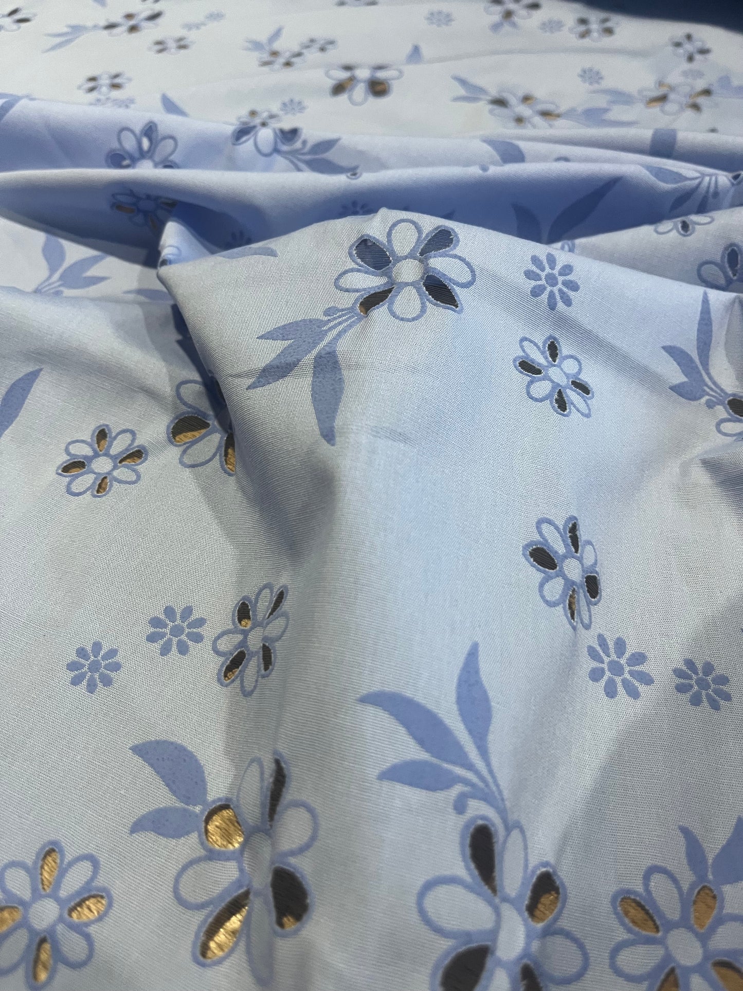 Sangallo cotton stretch lasercut+puff print design 1 blue