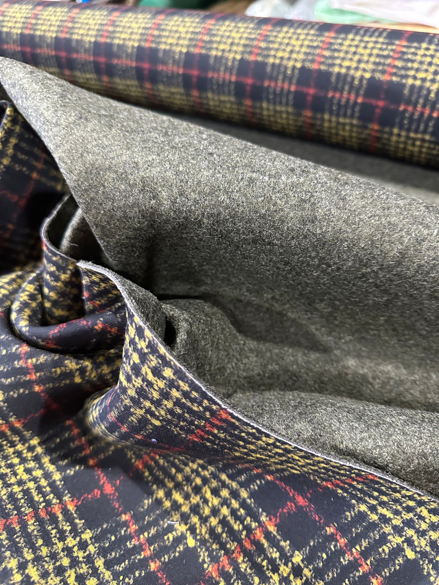 Flip side 535 red yellow black check double face moss green