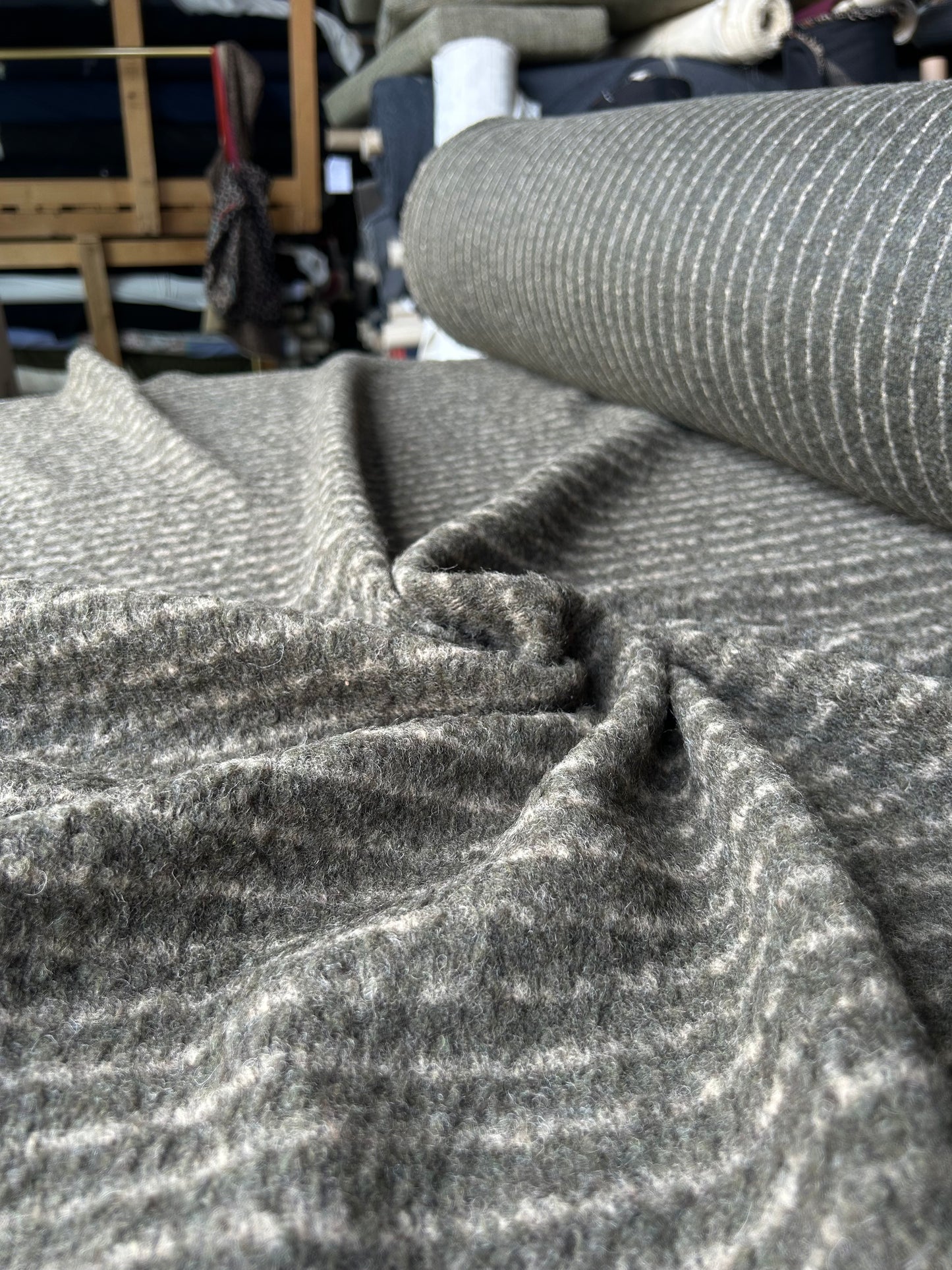 LISA 084 khaky/ecru striped heavy boiled wool