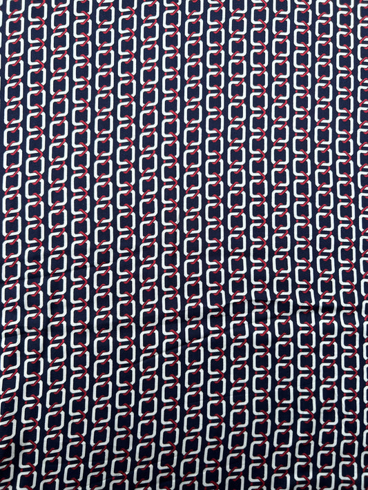 Fiona 020 satin viscose  navy with ref ecru chain prints