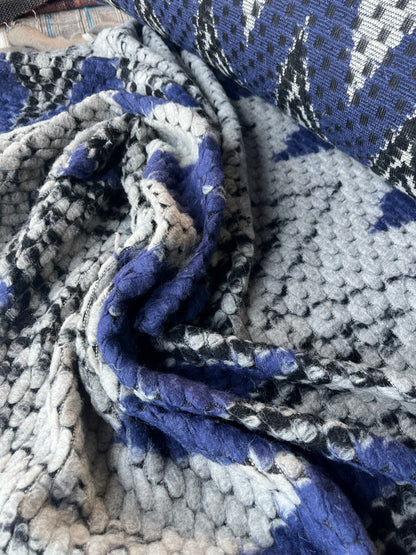 LISA 020 blue/black/white zig zag design heavy boiled wool bouclette