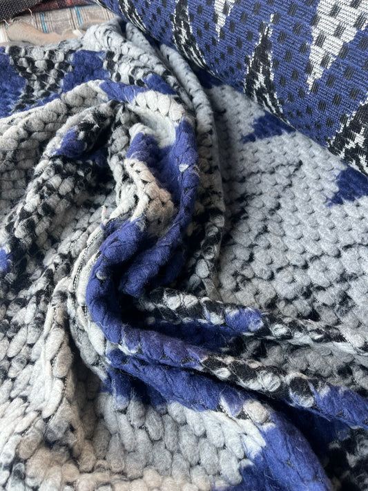 LISA 020 blue/black/white zig zag design heavy boiled wool bouclette