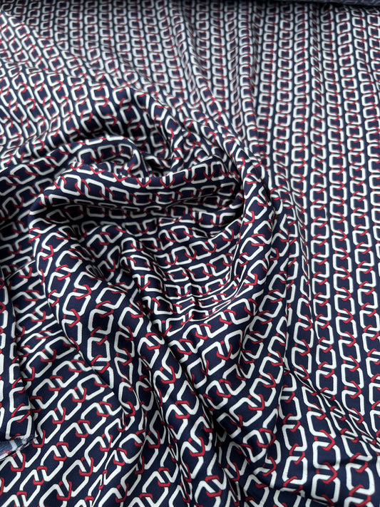 Fiona 020 satin viscose  navy with ref ecru chain prints