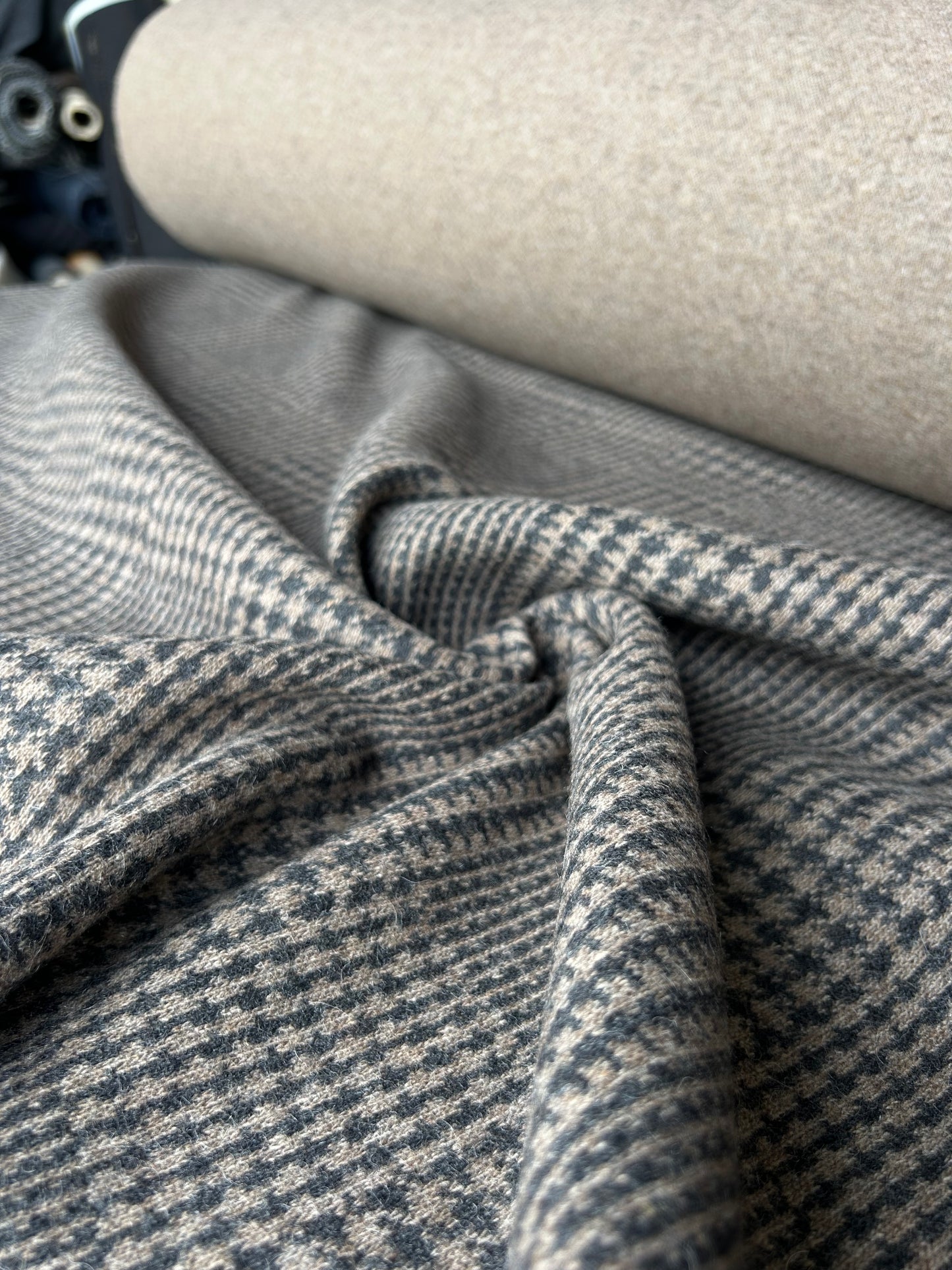 LISA 077 boiled wool coat fabric brown double face with camel/black pattern