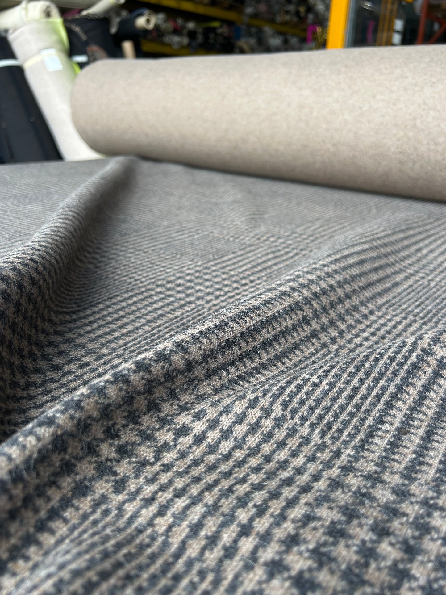 LISA 077 boiled wool coat fabric brown double face with camel/black pattern