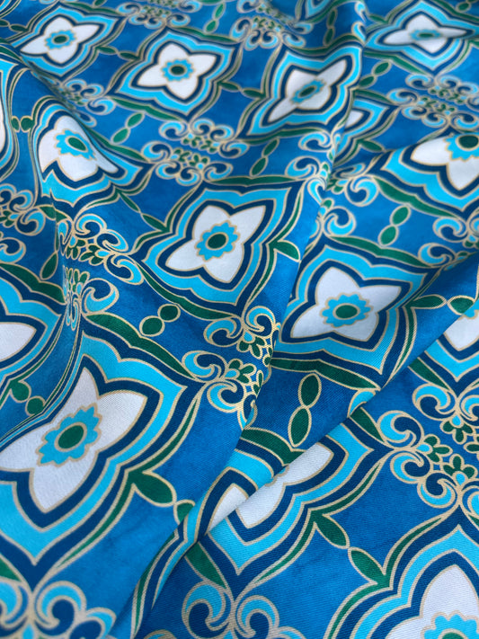 RW 043  viscose twill petrol/aqua/green retro print