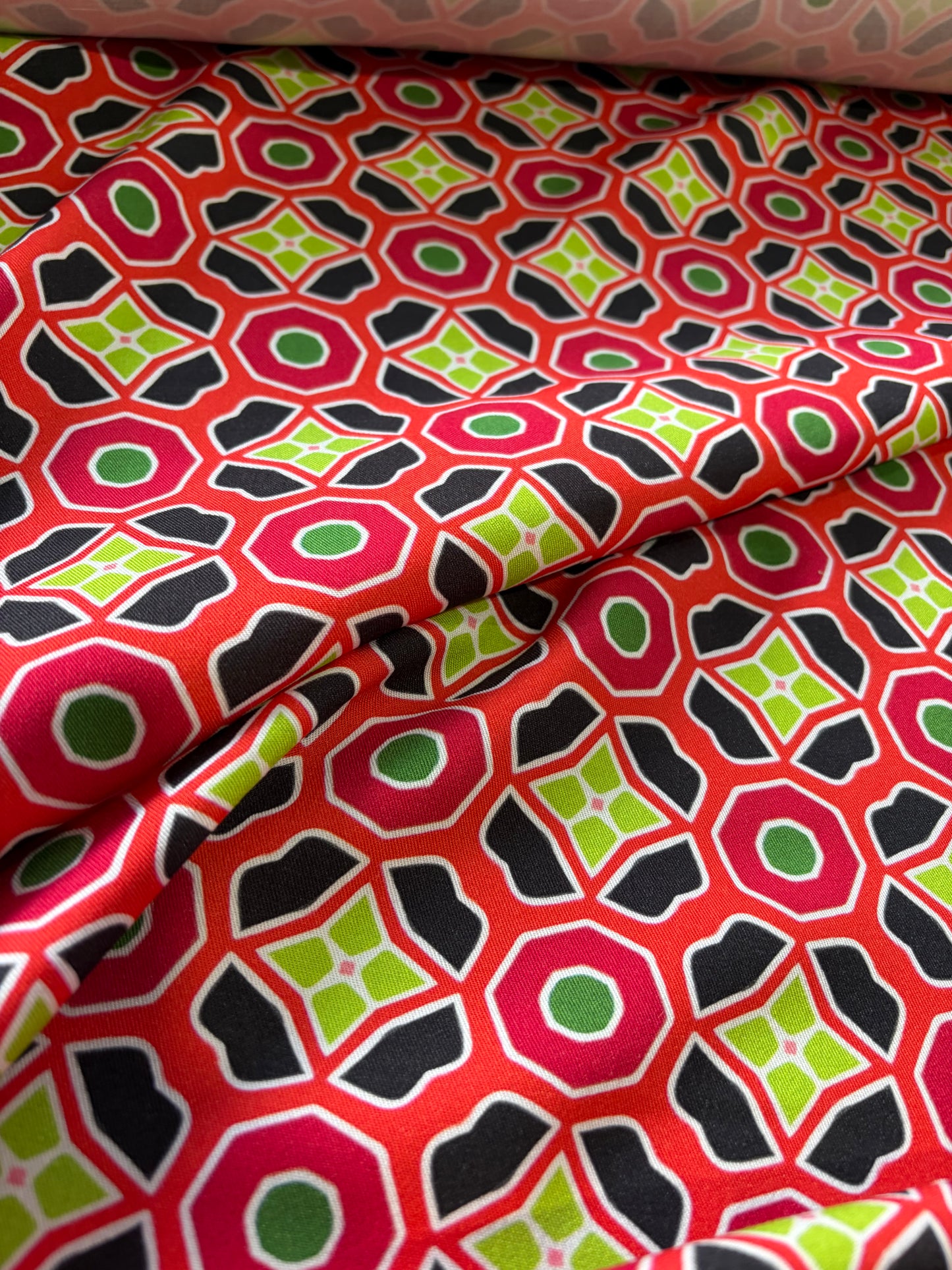 APU 002 red/lime geo print viscose twill