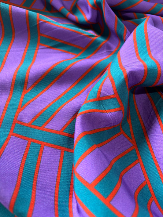 APU 005 purple/green geo print viscose twill