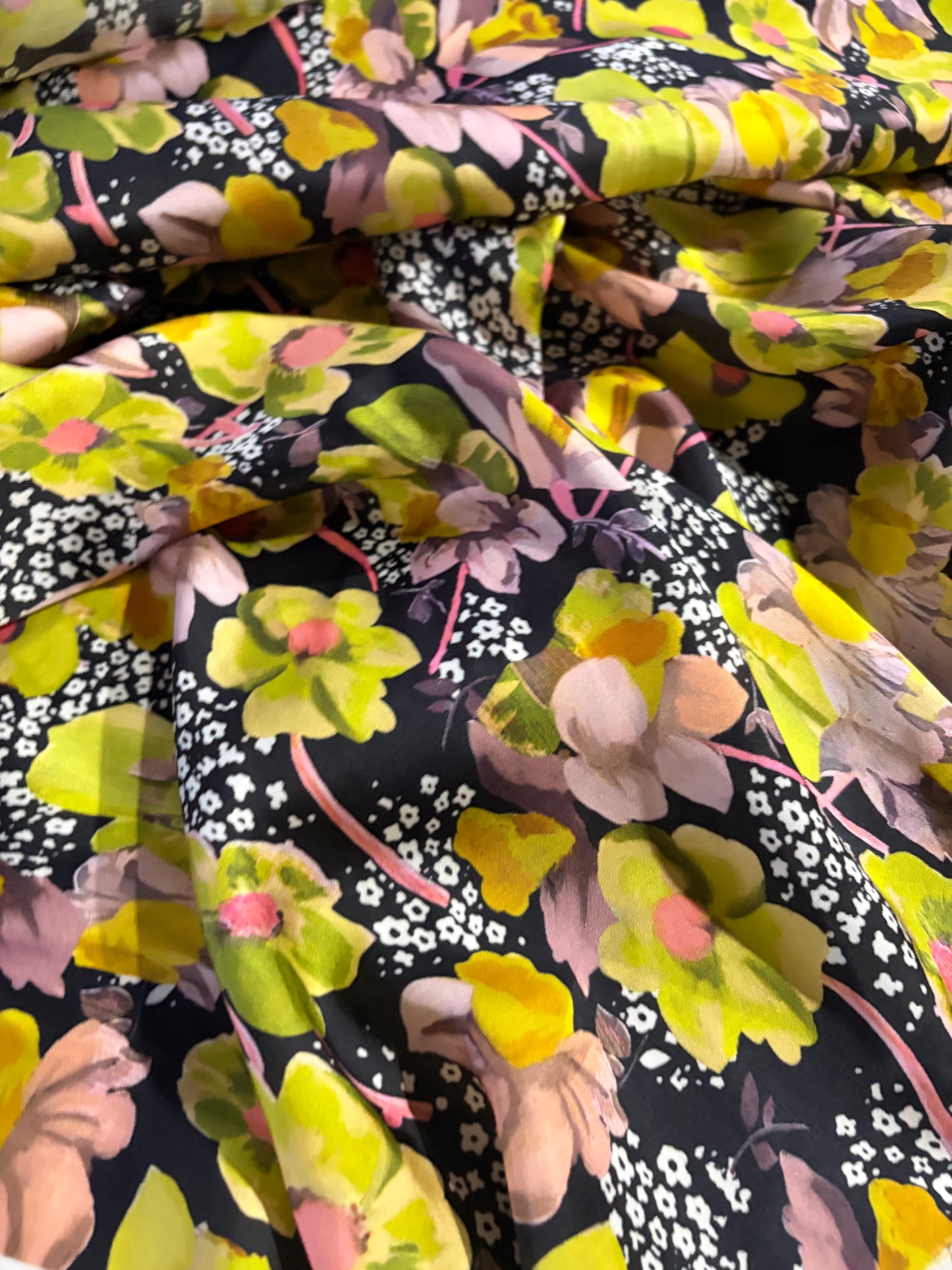 KRUSTY 018 yellow/green/pink flower splash viscose satin