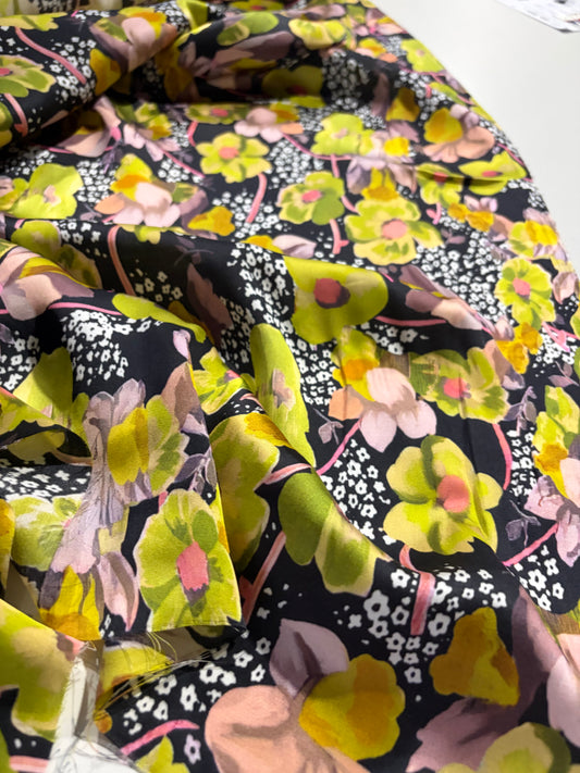 KRUSTY 018 yellow/green/pink flower splash viscose satin
