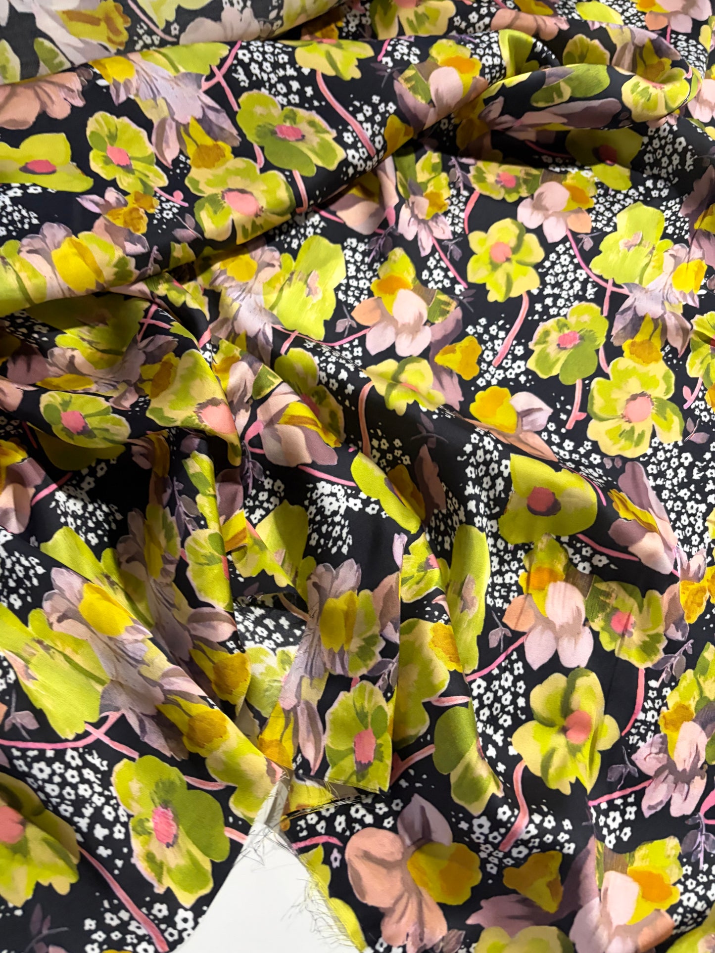 KRUSTY 018 yellow/green/pink flower splash viscose satin