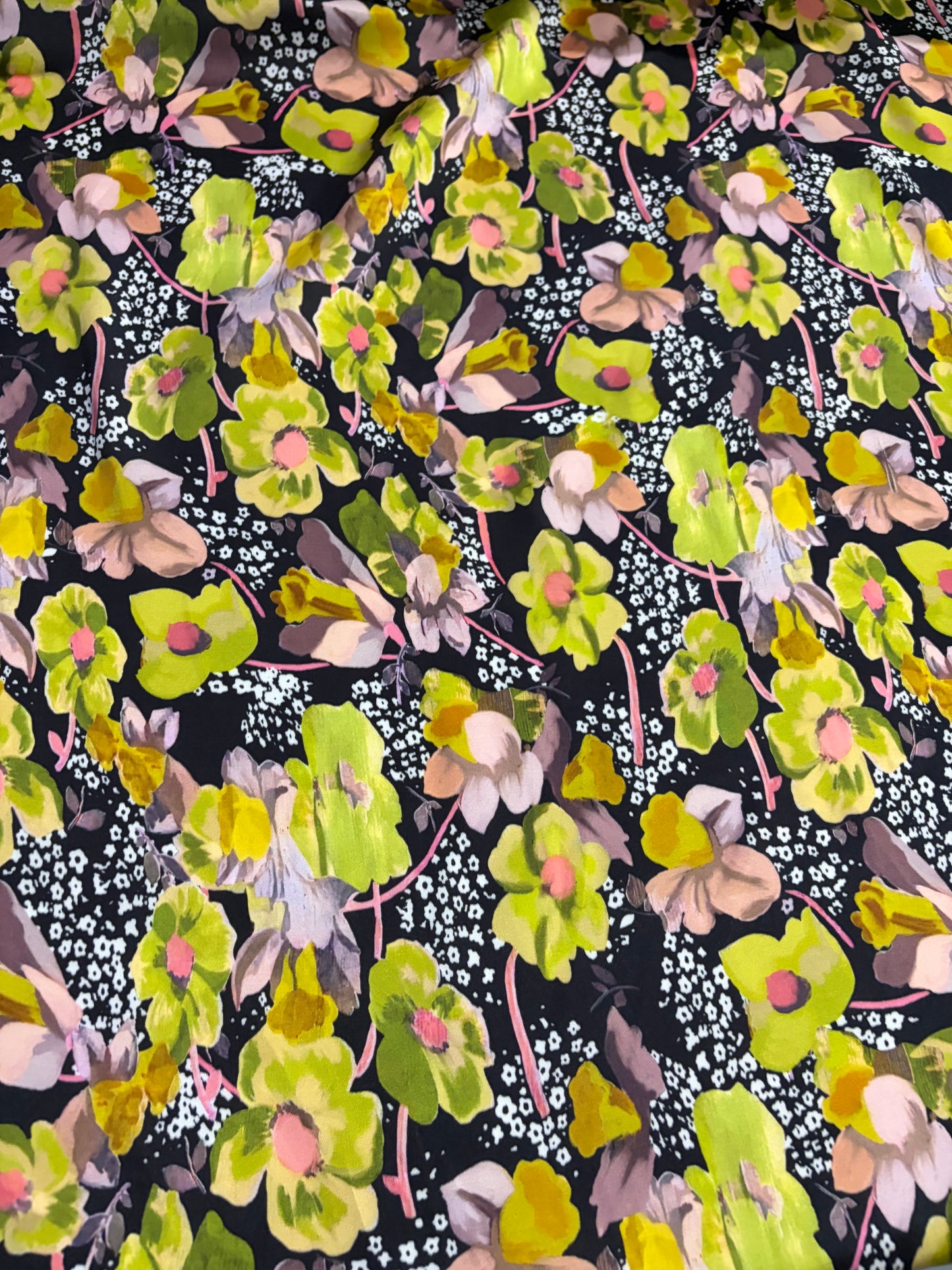 KRUSTY 018 yellow/green/pink flower splash viscose satin