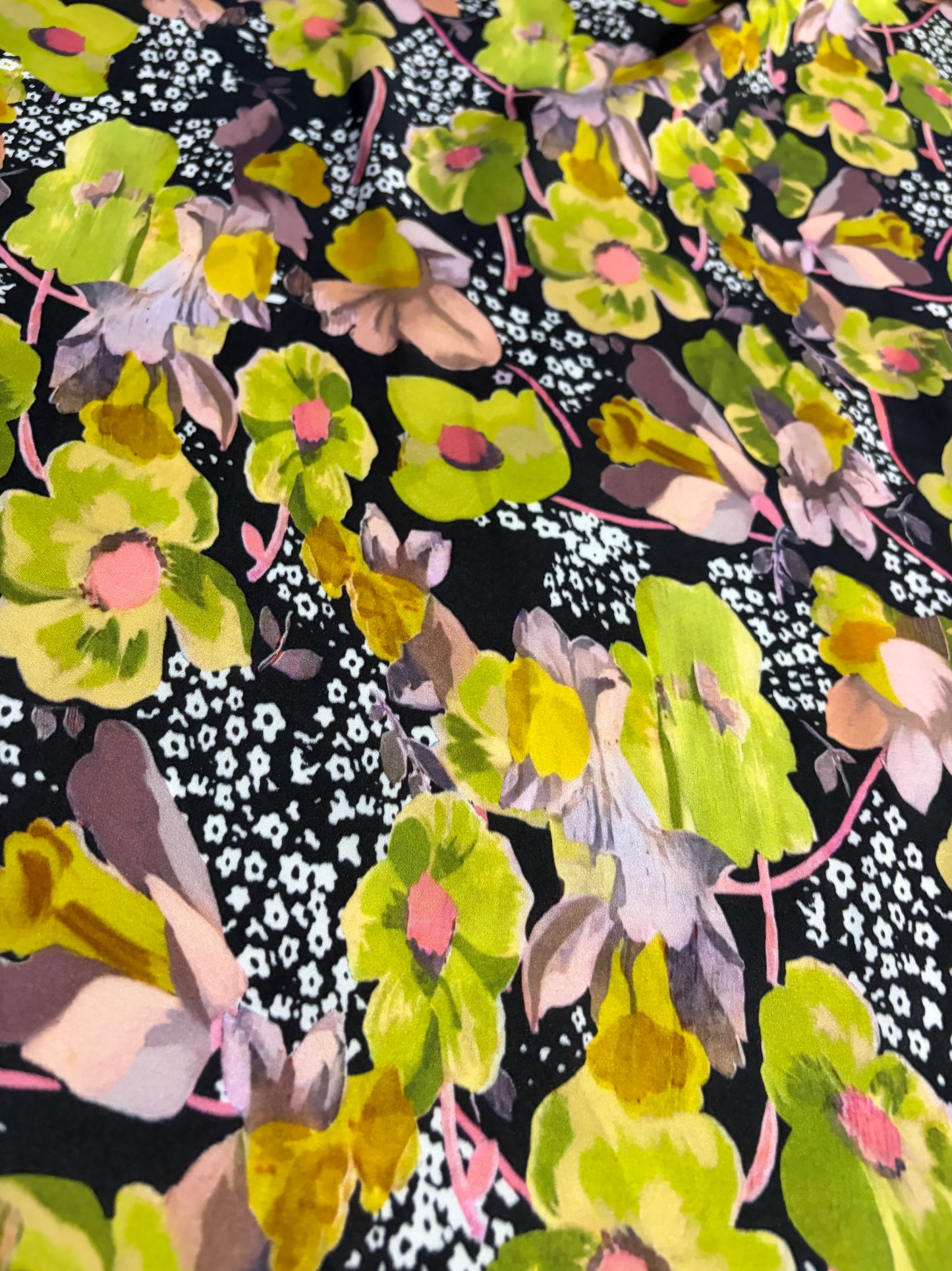 KRUSTY 018 yellow/green/pink flower splash viscose satin