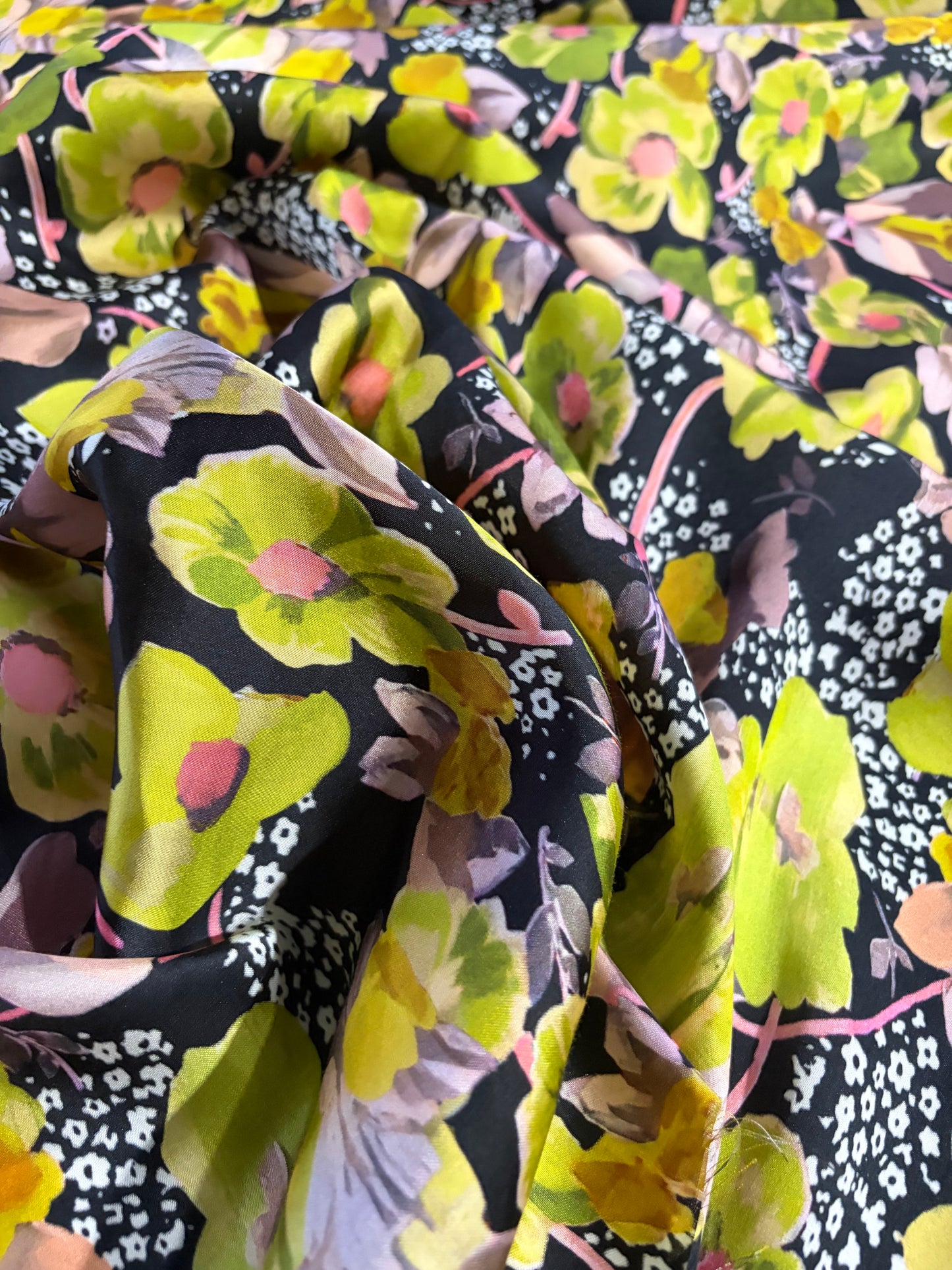 KRUSTY 018 yellow/green/pink flower splash viscose satin
