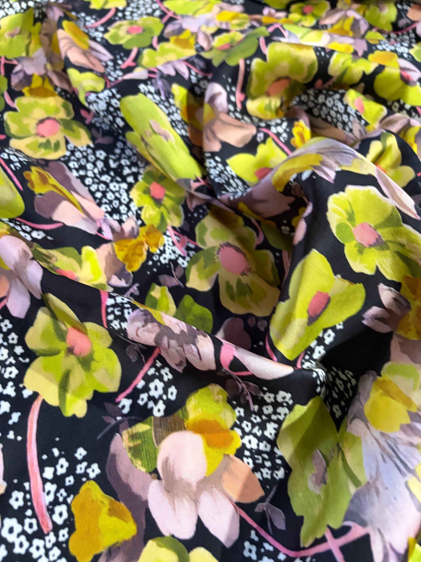 KRUSTY 018 yellow/green/pink flower splash viscose satin