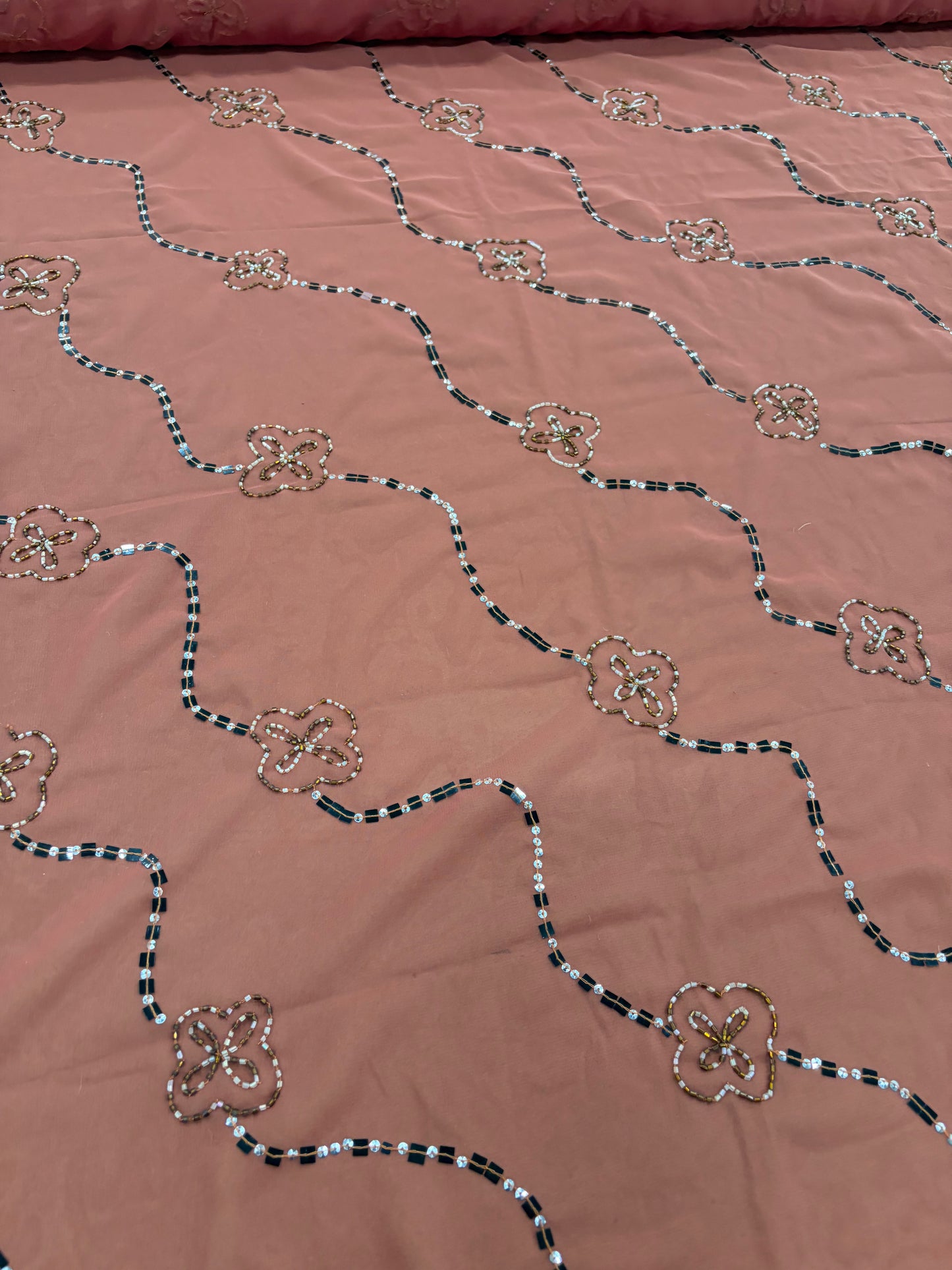 PRINCIPESSA 003 silk georgette embroidered shiny swirls