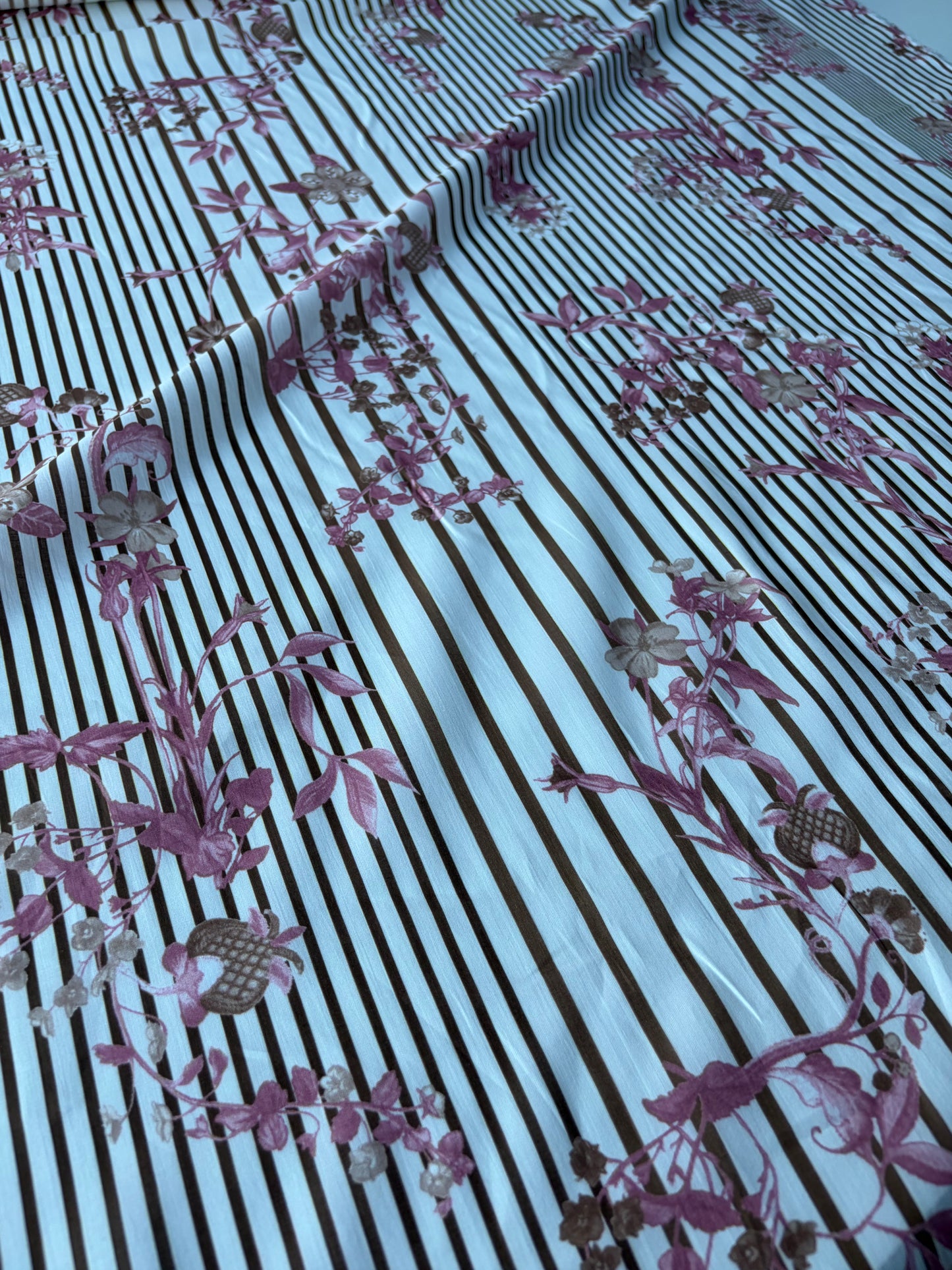 MOLKO 017 brown stripes and flowers cotton voile