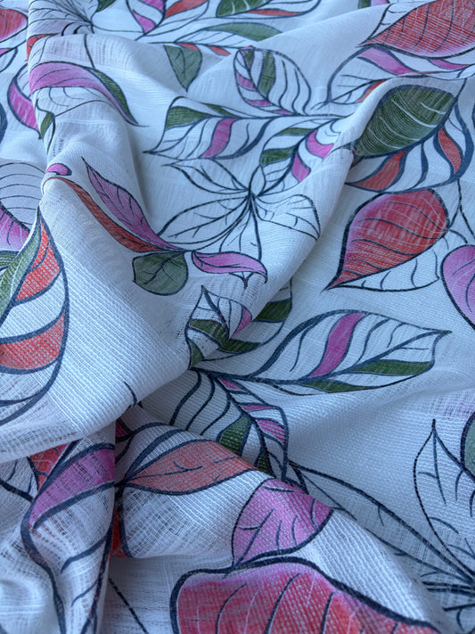 JOS 017 cotton gaze stripes pink/green leaves