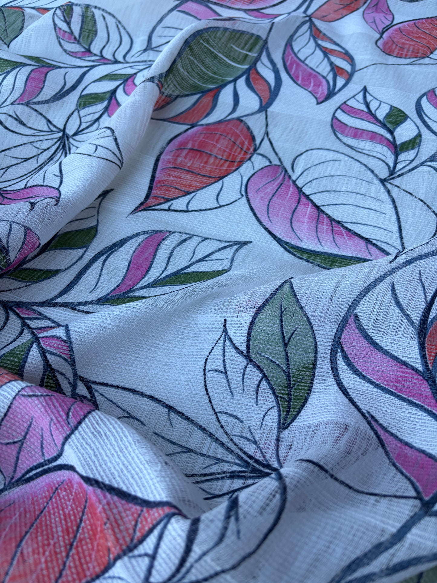 JOS 017 cotton gaze stripes pink/green leaves