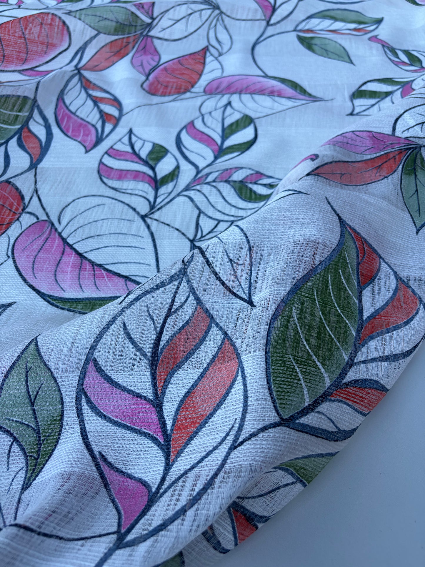 JOS 017 cotton gaze stripes pink/green leaves