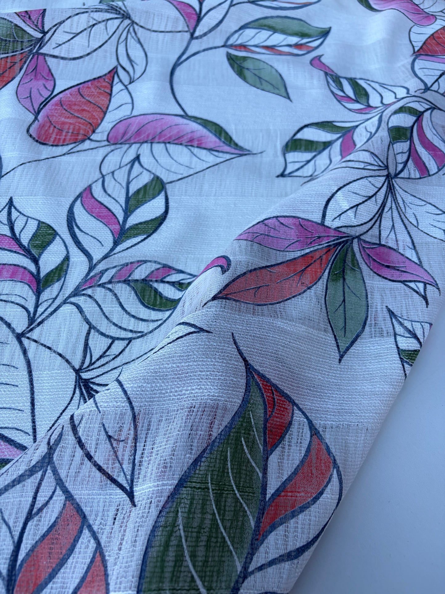 JOS 017 cotton gaze stripes pink/green leaves