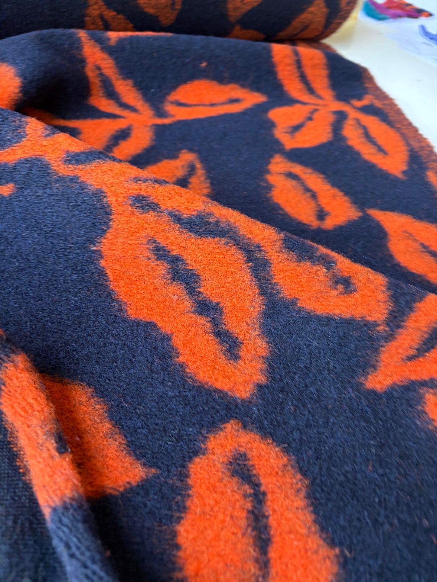 MOE 032 navy/orange floral heavy boiled wool