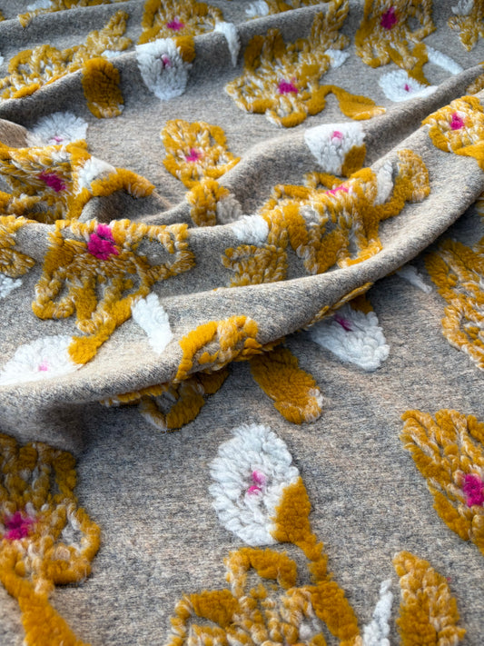 MOE 053 fyellow/fuchsia applicated flowers on heavy boiled wool