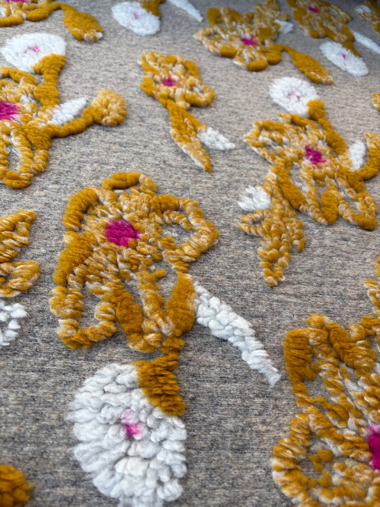 MOE 053 fyellow/fuchsia applicated flowers on heavy boiled wool