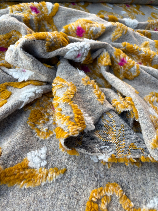 MOE 053 fyellow/fuchsia applicated flowers on heavy boiled wool