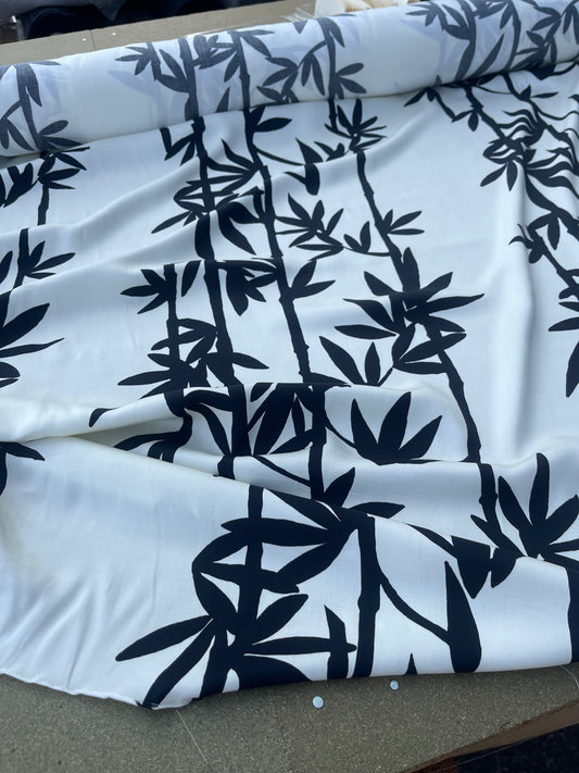 RW 201  viscose satin black white vertical flowers