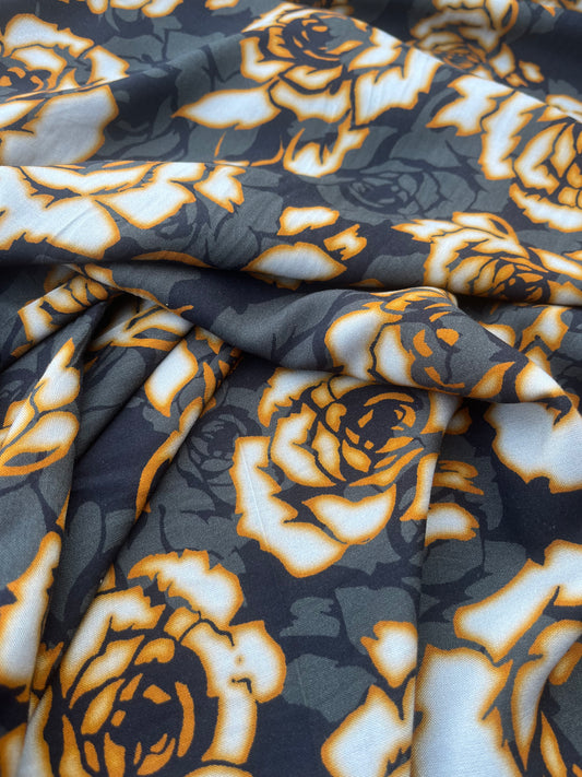 LAZARUS 006  viscose twill khaky/yellow roses