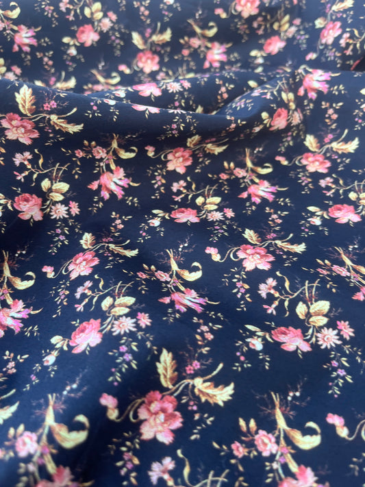 POLLY JANE 025 poplin stretch flowers on black ground