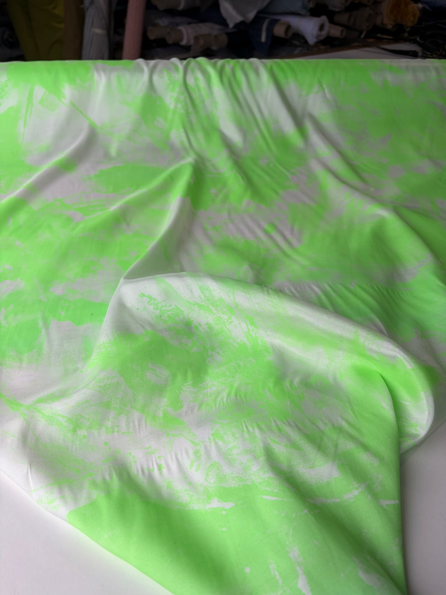 PHIL 016 viscose satin fluo green paint stains