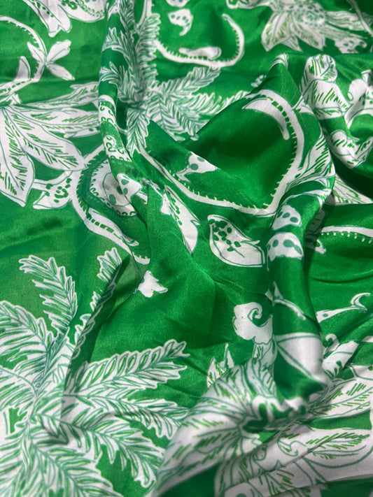 PC035 viscose satin green  flower print