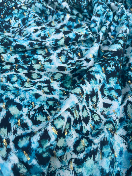 TERESA 009 viscose lurex jacquard leopard print aqua/petrol
