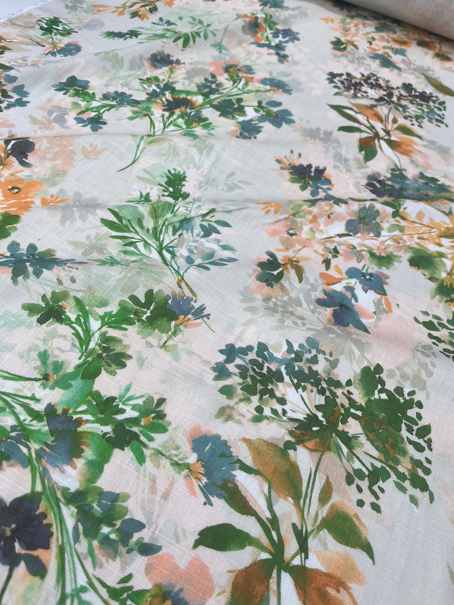 TERESA 027 Linen garden flowers gree,