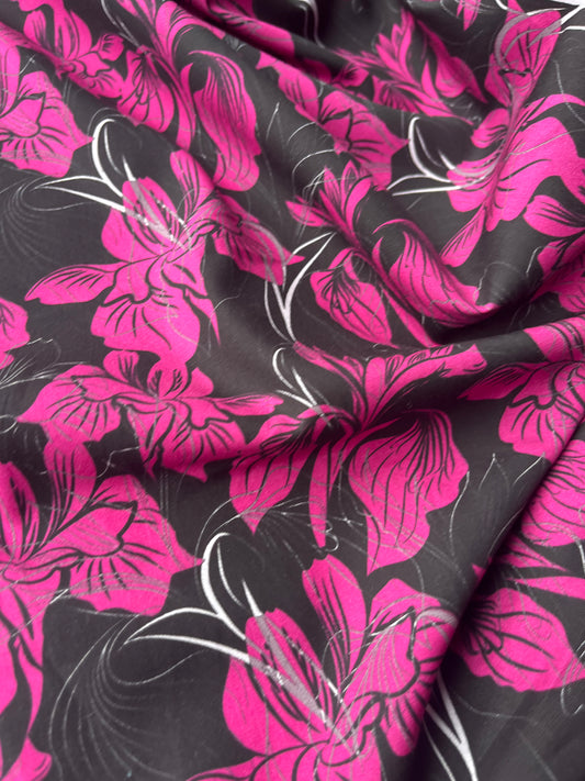 JUNO 021 cotton voile fuchsia/black flowers