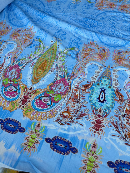 AXEL 004 light blue double border cashemere print viscose crêpe