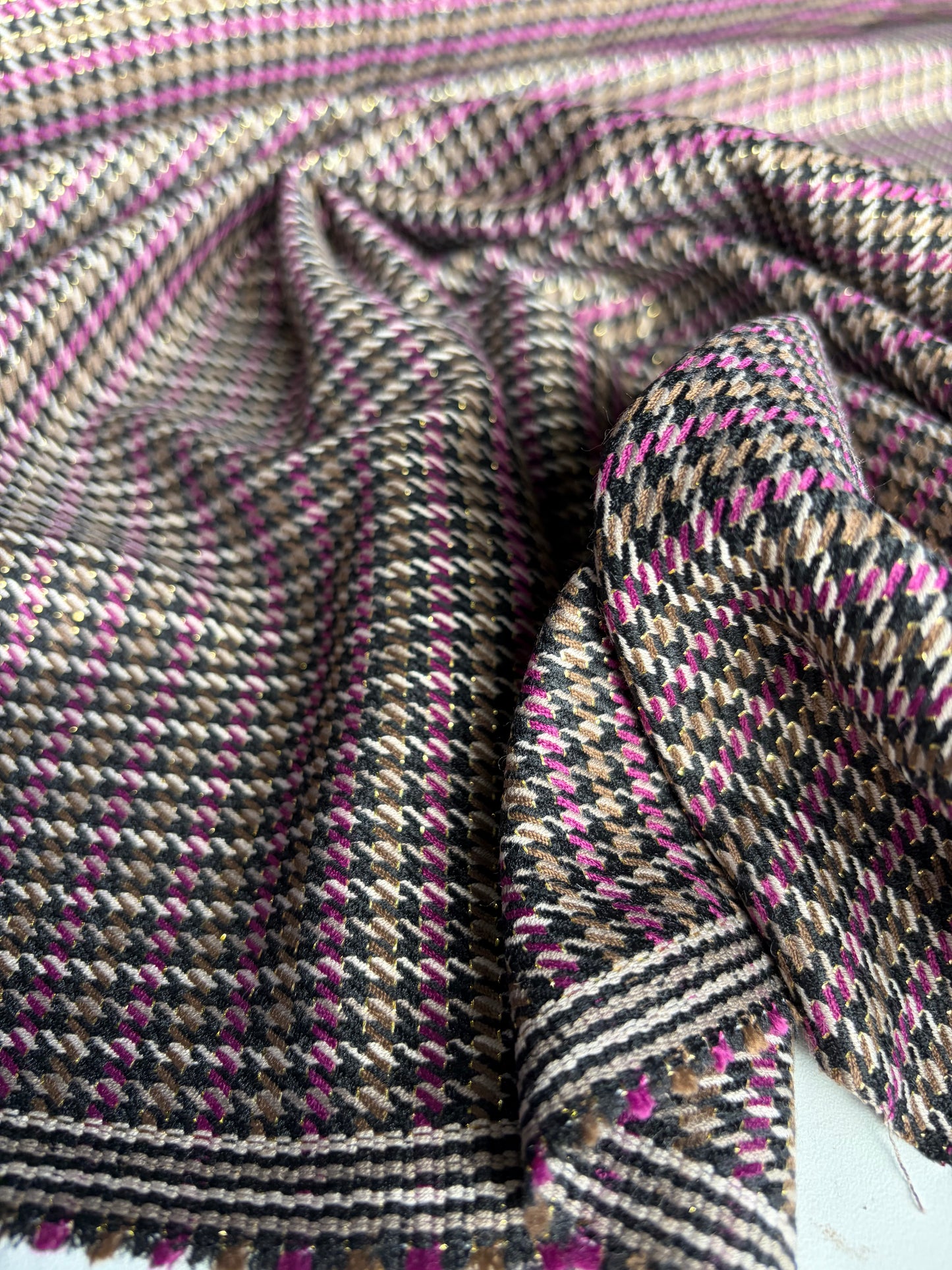 FREDO 026 Wool stretch check taupe/aubergine/lurex