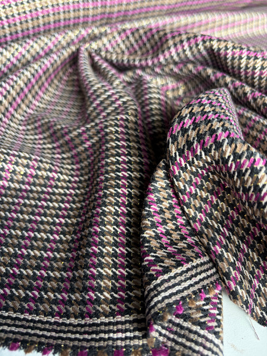 FREDO 026 Wool stretch check taupe/aubergine/lurex