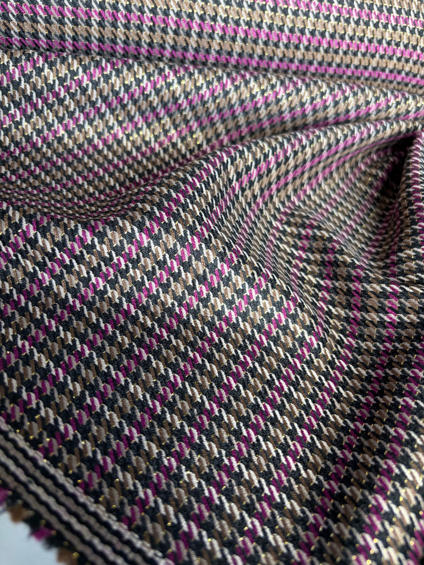 FREDO 026 Wool stretch check taupe/aubergine/lurex