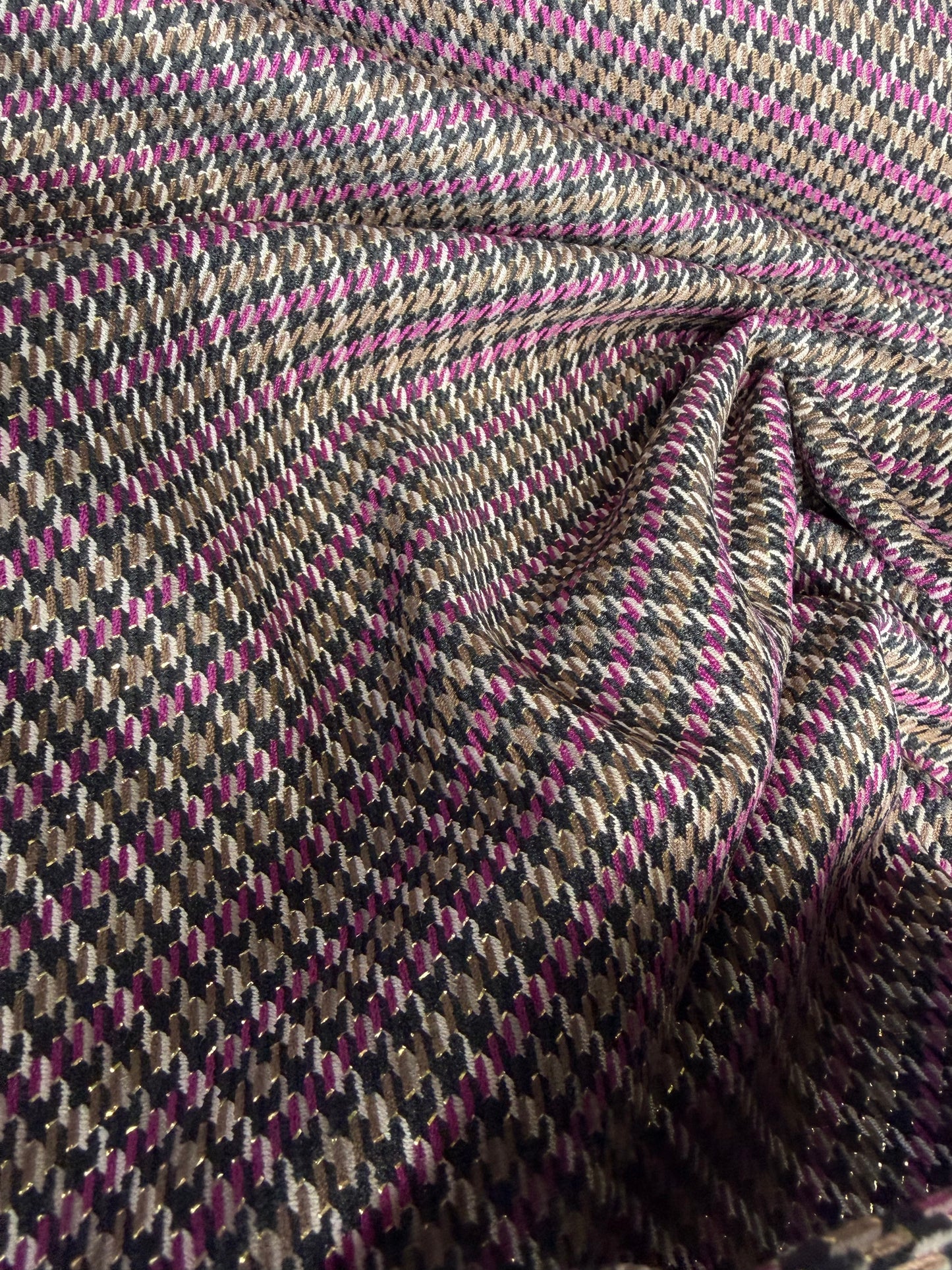 FREDO 026 Wool stretch check taupe/aubergine/lurex