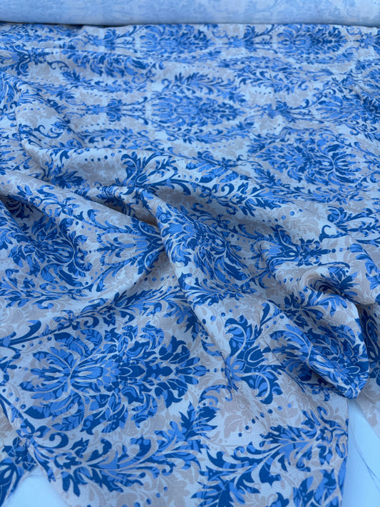 CHARLY 040 blue/sand ornamental print viscose crêpe