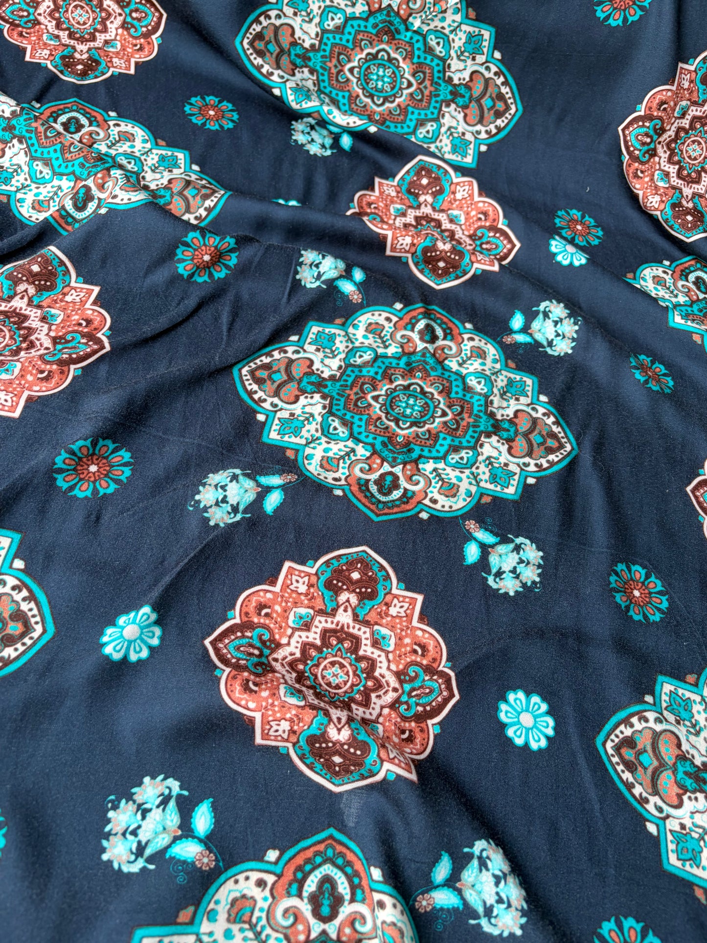 FELICE 013 viscose navy/turquoise/brown medaillion print