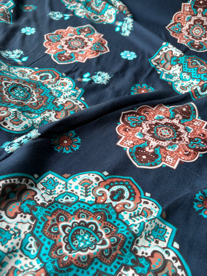 FELICE 013 viscose navy/turquoise/brown medaillion print