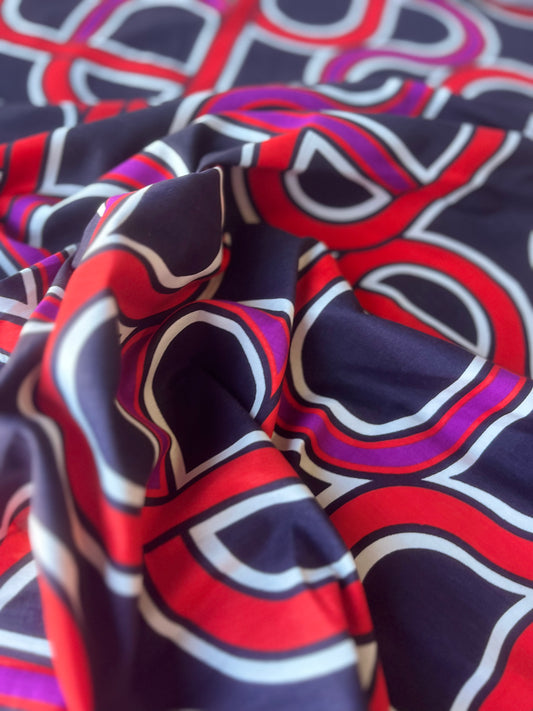 MARTY 003 cotton satin stretch geometrical round lines red fuchsia