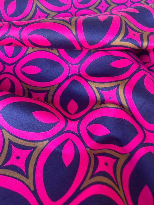 MARTY 004 cotton satin stretch geometrical round lines navy fuchsia