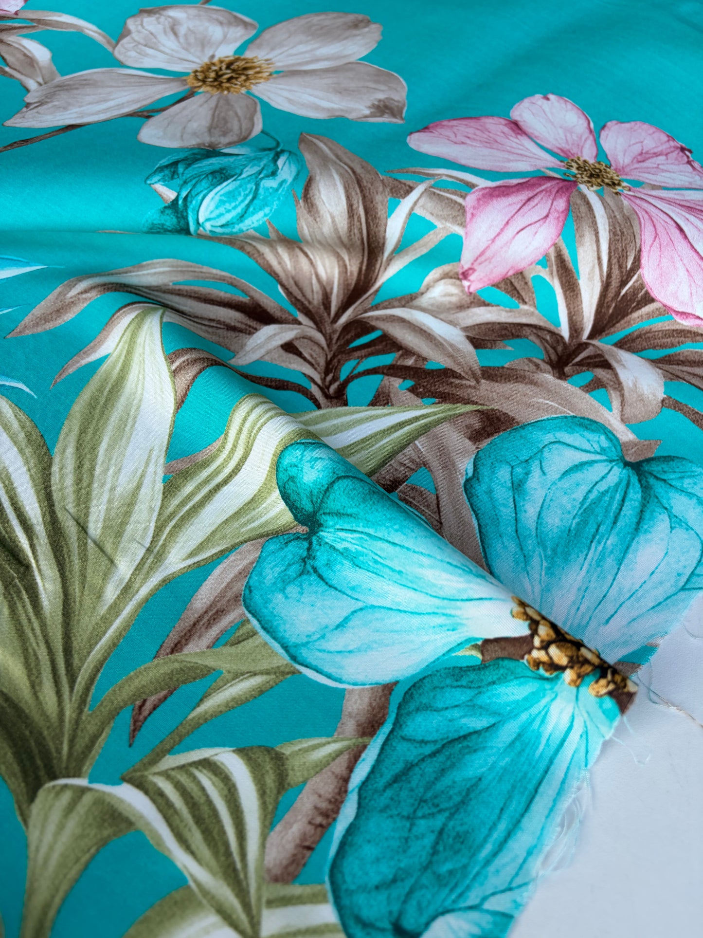 HOMER 002 viscose print double border aqua flowers